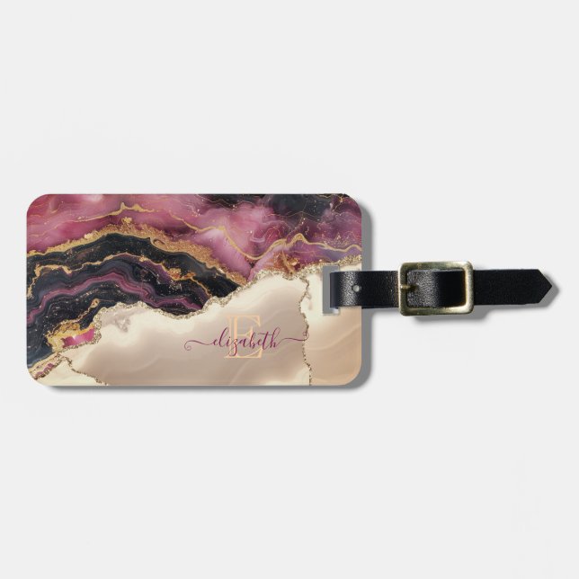 Elegant Gold Glitter Burgundy Marble Monogram Luggage Tag (Front Horizontal)