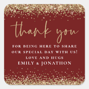Elegant Gold Glitter Burgundy Thank You Message Square Sticker