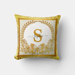 Elegant Gold Glitter Butterfly and Flower Cushion