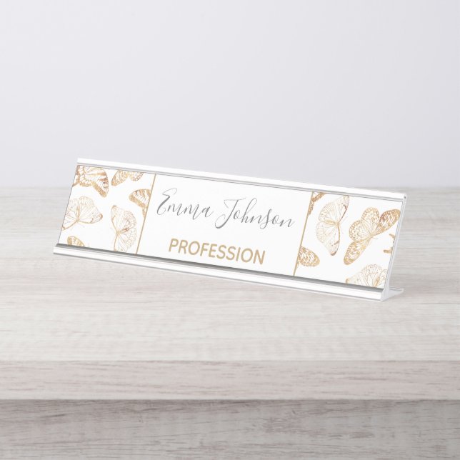 Elegant Gold Glitter Butterfly Desk Name Plate (Front)