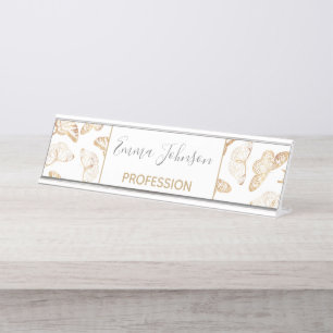 Elegant Gold Glitter Butterfly Glam Design Desk Name Plate