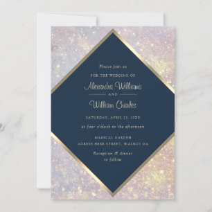Elegant Gold Glitter Calligraphy Blue Chic Wedding Invitation