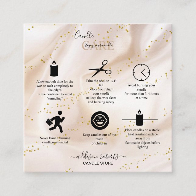 Elegant Gold Glitter Candle Care Square Business Card (Front)