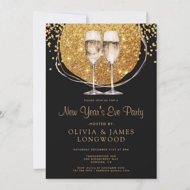 Elegant Gold Glitter Champagne New Year's Eve  Invitation (Front)