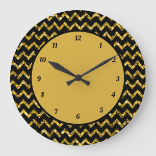 Elegant Gold Glitter Chevron Pattern Glam Sparkle Large Clock