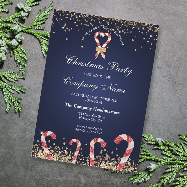 Elegant Gold Glitter Christmas Corporate Party Invitation (elegant navy glitter candy cane)