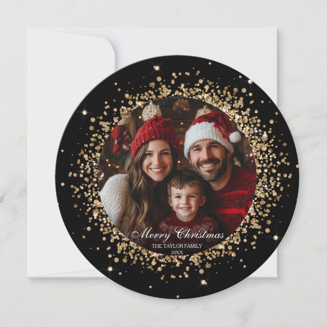 Elegant Gold Glitter Christmas Tree Family Photo (Front)