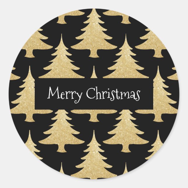 elegant gold glitter Christmas tree pattern black Classic Round Sticker (Front)