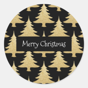 elegant gold glitter Christmas tree pattern black Classic Round Sticker
