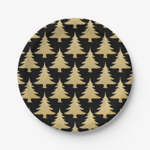 elegant gold glitter Christmas tree pattern black Paper Plate