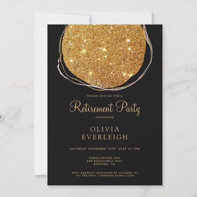 Elegant Gold Glitter Circle Retirement Party Black Invitation (Front)