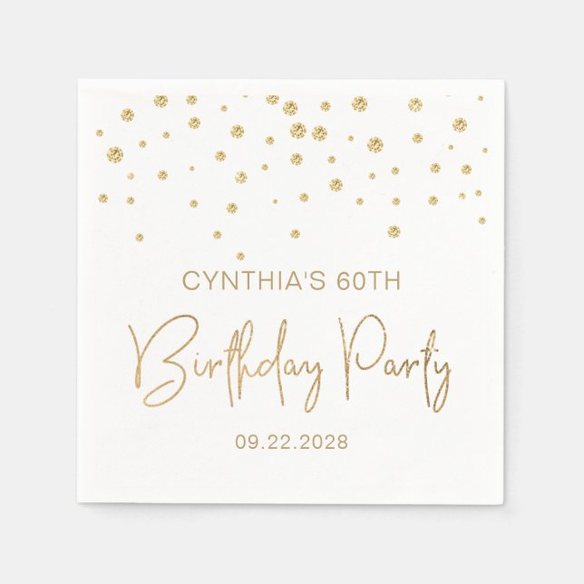 Elegant Gold Glitter Confetti 60th Birthday White Napkin (Front)
