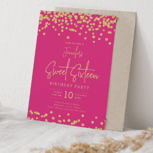 Elegant Gold Glitter Confetti Sweet 16 Hot Pink Invitation