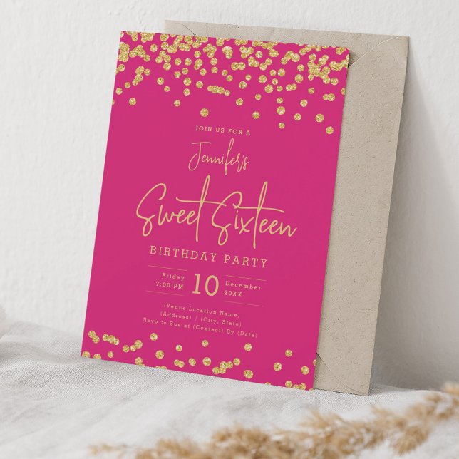 Elegant Gold Glitter Confetti Sweet 16 Hot Pink Invitation (Elegant Gold Glitter Confetti Sweet 16 Hot Pink Invitation)