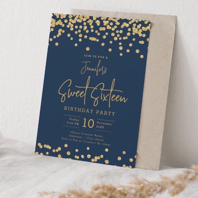 Elegant Gold Glitter Confetti Sweet 16 Navy Blue  Invitation (Elegant Gold Glitter Confetti Sweet 16 Navy Blue Invitation)