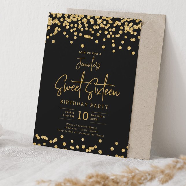 Elegant Gold Glitter Confetti Sweet 16 Party Black Invitation (Creator Uploaded)