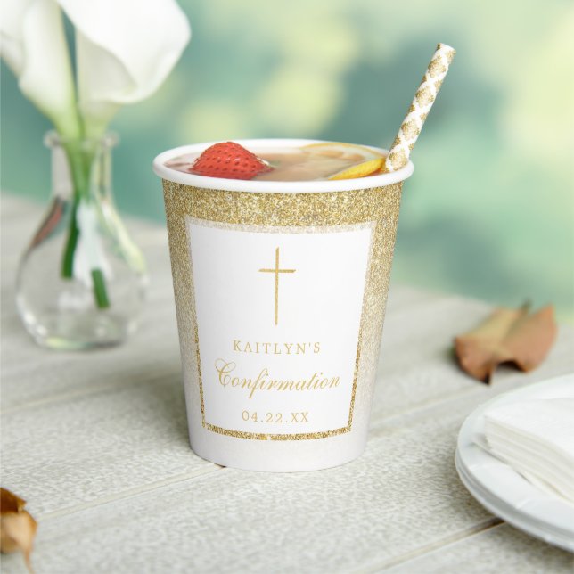 Elegant Gold Glitter Confirmation Or 1st Communion Paper Cups (Insitu)