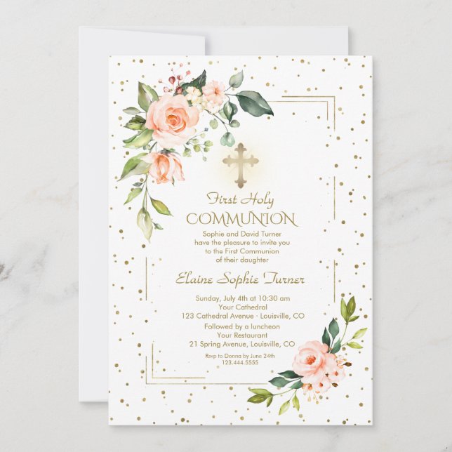 Elegant Gold Glitter Coral Flowers Holy Communion Invitation (Front)