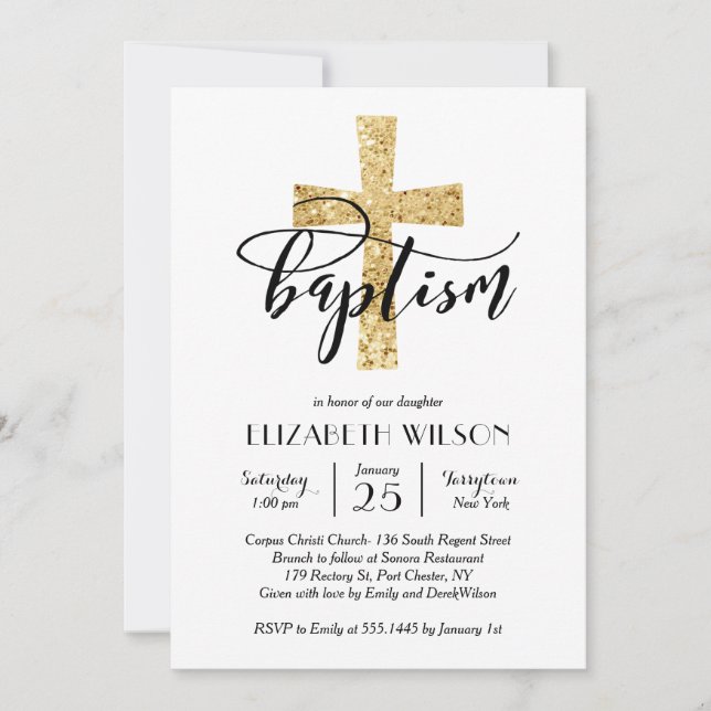 Elegant Gold Glitter Cross Baptism Invitation (Front)