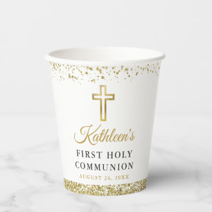 Elegant Gold Glitter Cross First Holy Communion Paper Cups