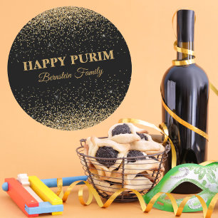 Elegant Gold Glitter Customise Hebrew Happy Purim  Classic Round Sticker