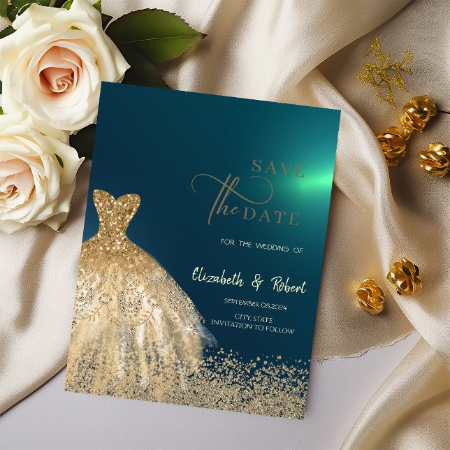Elegant Gold Glitter Dress Green Save The Date (Creator Uploaded)