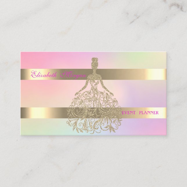 Elegant Gold Glitter Dress,Stripe Holographic Business Card (Front)