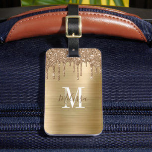 Elegant Gold Glitter Drip Monogram Luggage Tag