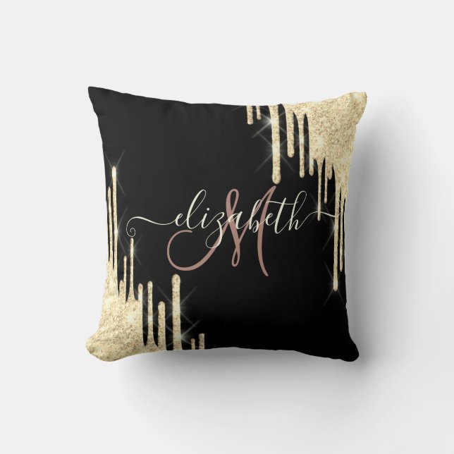 Elegant Gold Glitter Drips Black Monogram Cushion (Front)