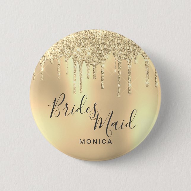 Elegant gold glitter drips bridesmaid 6 cm round badge (Front)