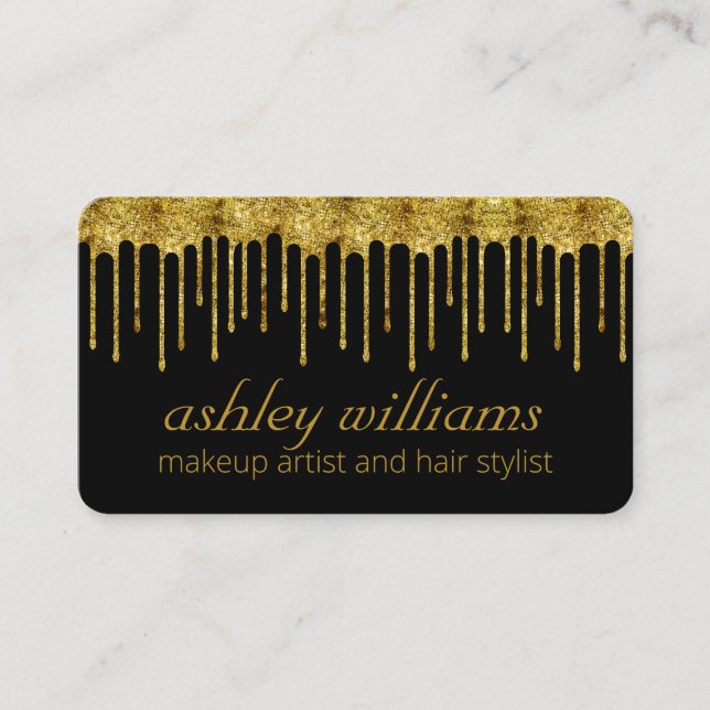 Elegant gold glitter drips  makeup hair loyalty business card (Front)