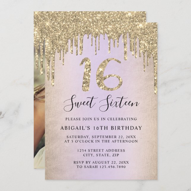 Elegant gold glitter drips sweet sixteen photo inv invitation (Front/Back)