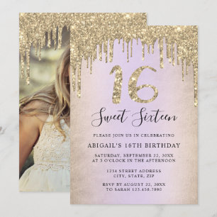 Elegant gold glitter drips sweet sixteen photo inv invitation