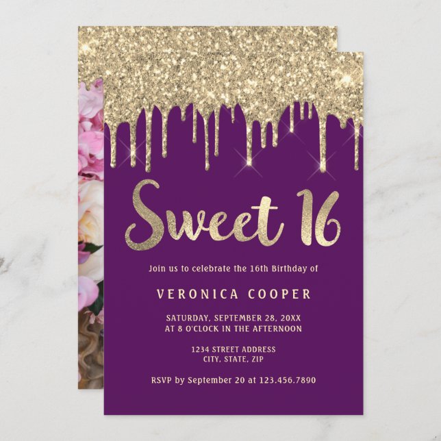 Elegant gold glitter drips sweet sixteen photo  invitation (Front/Back)