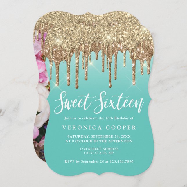 Elegant gold glitter drips sweet sixteen photo invitation (Front/Back)