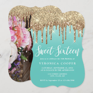 Elegant gold glitter drips sweet sixteen photo invitation
