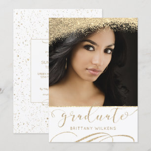 Elegant Gold Glitter Dust Script Graduate Invitation