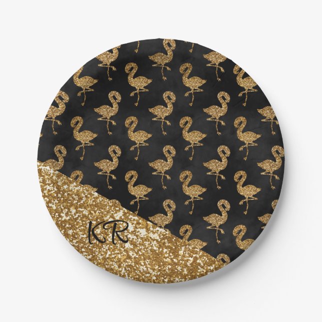Elegant Gold Glitter Flamingo Pattern Initials Paper Plate (Front)