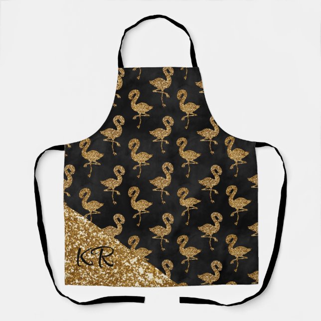 Elegant Gold Glitter Flamingo Pattern Monogrammed Apron (Front)