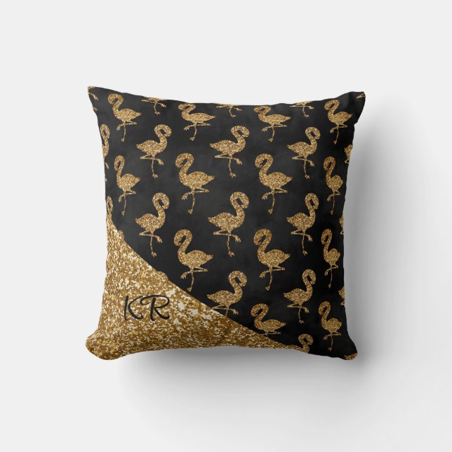 Elegant Gold Glitter Flamingo Pattern Monogrammed Cushion (Front)