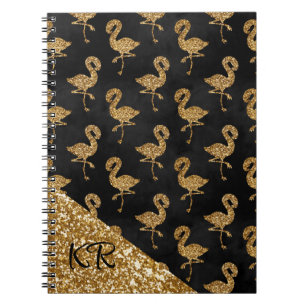 Elegant Gold Glitter Flamingo Pattern Monogrammed Notebook