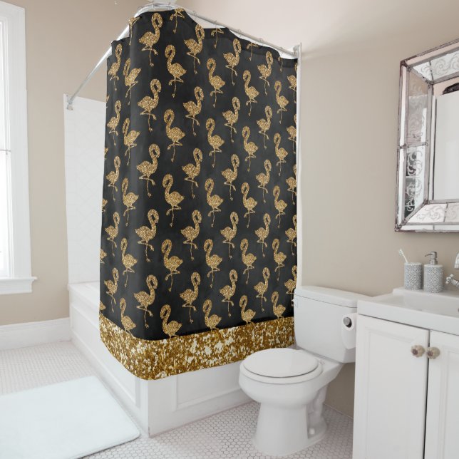Elegant Gold Glitter Flamingo Pattern Sparkle Glam Shower Curtain (In Situ)