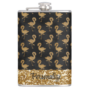 Elegant Gold Glitter Flamingo Sparkle Personalised Hip Flask