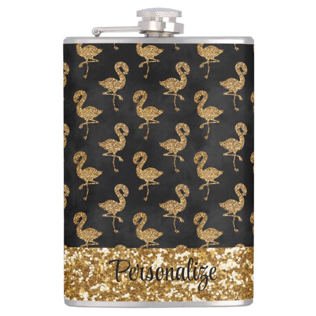 Elegant Gold Glitter Flamingo Sparkle Personalised Hip Flask (Front)