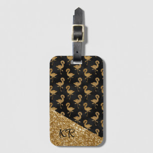 Elegant Gold Glitter Flamingos Monogrammed  Luggage Tag