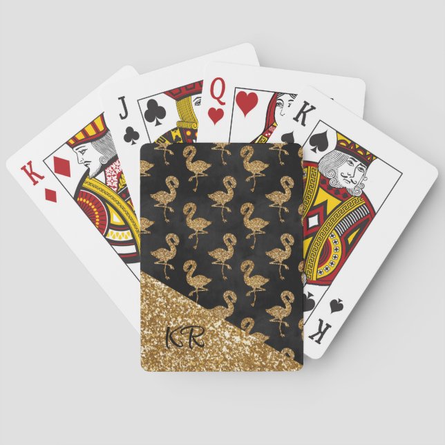 Elegant Gold Glitter Flamingos Monogrammed Playing Cards (Back)