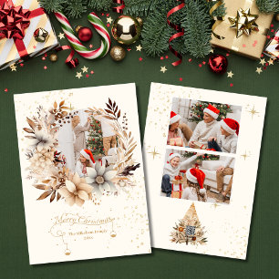 Elegant Gold Glitter Floral 3 Photo Christmas Holiday Card