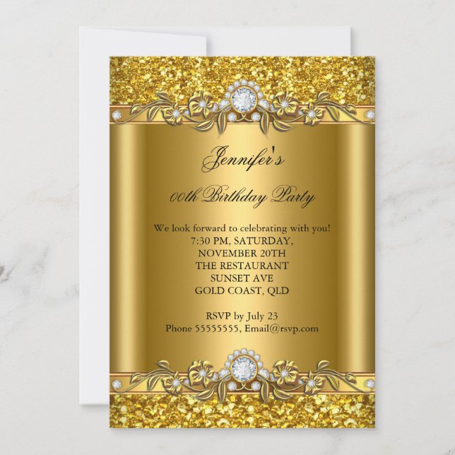 Elegant Gold Glitter Floral Diamond Birthday Party Invitation (Front)
