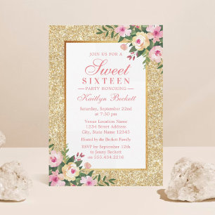 Elegant Gold Glitter Floral Sweet 16 Birthday Invitation