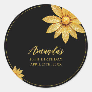 Elegant Gold Glitter Flower Sweet 16 Birthday Classic Round Sticker